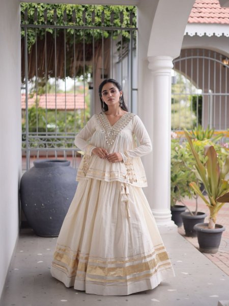 Lightweight OffWhite Kora Cotton Lehenga Choli with Real Mirror Lace Work For Navrati 