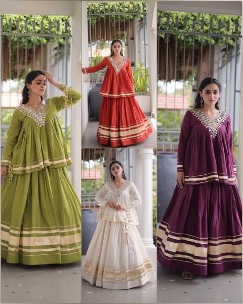 Lightweight OffWhite Kora Cotton Lehenga Choli with Real Mirror Lace Work For Navrati Navratri Lehnega Choli