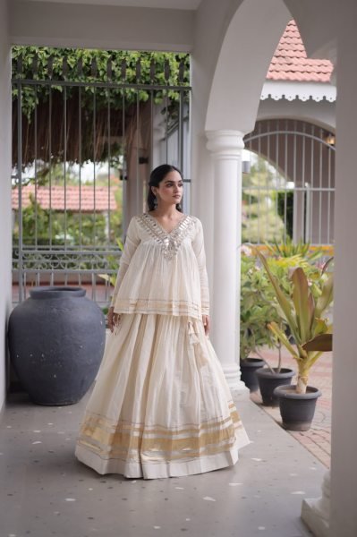 Lightweight OffWhite Kora Cotton Lehenga Choli with Real Mirror Lace Work For Navrati Navratri Lehnega Choli