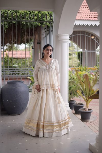 Lightweight OffWhite Kora Cotton Lehenga Choli with Real Mirror Lace Work For Navrati Navratri Lehnega Choli