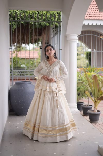 Lightweight OffWhite Kora Cotton Lehenga Choli with Real Mirror Lace Work For Navrati Navratri Lehnega Choli