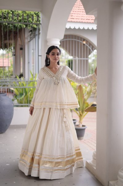 Lightweight OffWhite Kora Cotton Lehenga Choli with Real Mirror Lace Work For Navrati Navratri Lehnega Choli