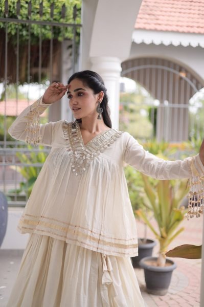 Lightweight OffWhite Kora Cotton Lehenga Choli with Real Mirror Lace Work For Navrati Navratri Lehnega Choli