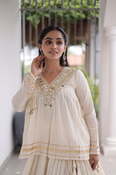 Lightweight OffWhite Kora Cotton Lehenga Choli with Real Mirror Lace Work For Navrati Navratri Lehnega Choli