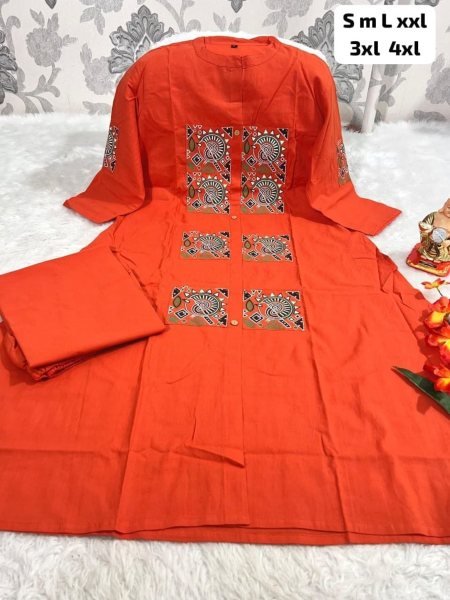 Lightweight Orange 60×60 Cotton Two Piece Co-Ord Set for Women with 3/4 Sleeves Kurtis