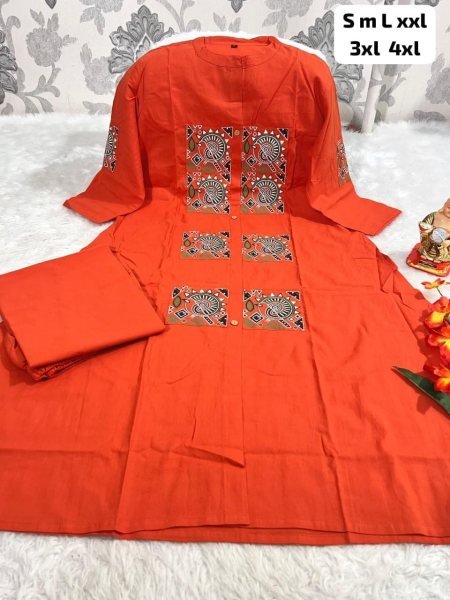 Lightweight Orange 60×60 Cotton Two Piece Co-Ord Set for Women with 3/4 Sleeves CO ORD Sets