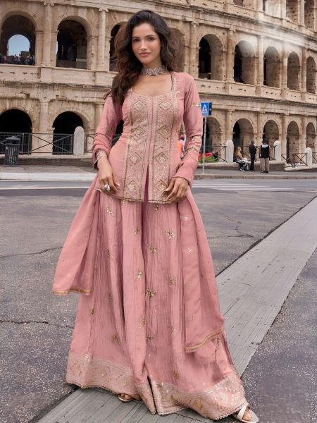Lightweight Peach Designer Heavy Chinon Top Palazzo Dupatta Set with Embroidery Salwar Kameez