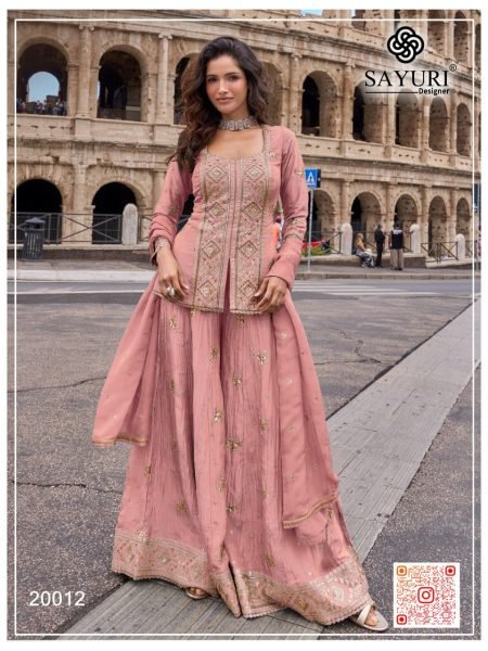 Lightweight Peach Designer Heavy Chinon Top Palazzo Dupatta Set with Embroidery Designer Plazzo Salwar Suits Wholesale