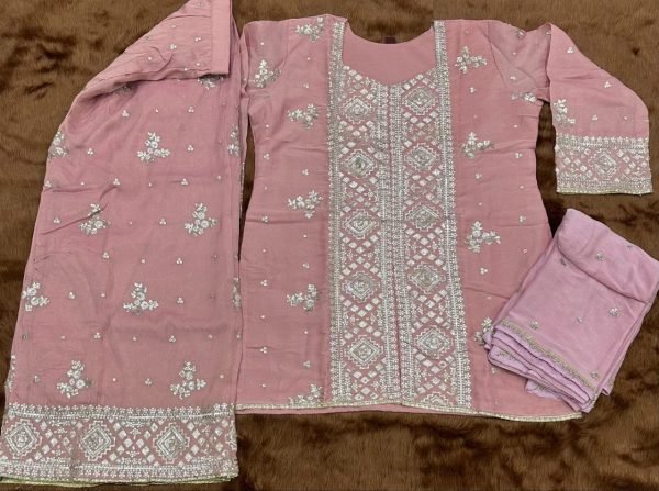 Lightweight Peach Designer Heavy Chinon Top Palazzo Dupatta Set with Embroidery Designer Plazzo Salwar Suits Wholesale