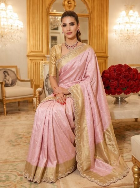 Lightweight Pink Designer Kanjivarm Silk Saree with C Pallu Cutdana Work at Wholesale Rate Silk Sarees Wholesale