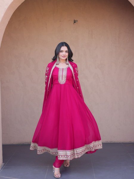 Lightweight Pink Faux Blooming Gown Pant with Embroidered Dupatta for Women