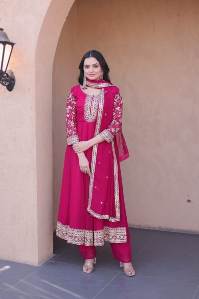 Lightweight Pink Faux Blooming Gown Pant with Embroidered Dupatta for Women Ready To Wear Collection