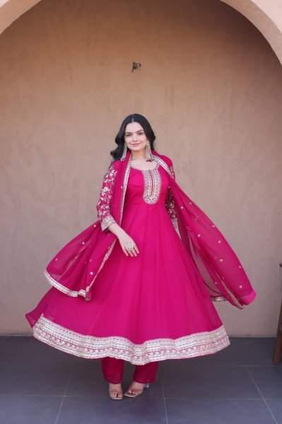 Lightweight Pink Faux Blooming Gown Pant with Embroidered Dupatta for Women Ready To Wear Collection