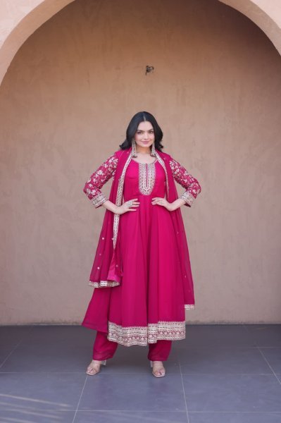Lightweight Pink Faux Blooming Gown Pant with Embroidered Dupatta for Women Ready To Wear Collection
