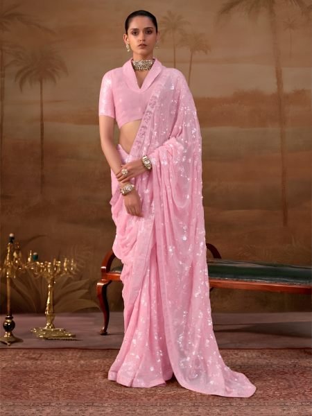 Lightweight Pink Georgette Saree with Sequins and Thread Work at Festival 