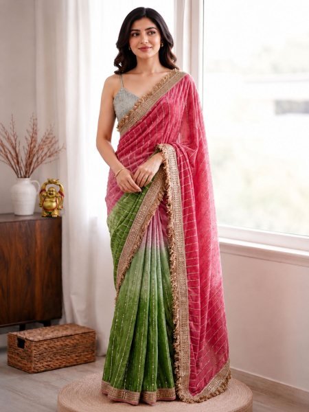 Lightweight Pink Green Space Silk Beads Work Saree With Unstitch Blouse For Party