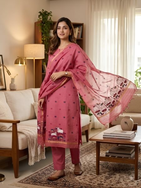 Lightweight Pink Muga Cotton Jamdani Suit Material with Pichwai Weaving Top at Manufacturer Rate Dress Material 