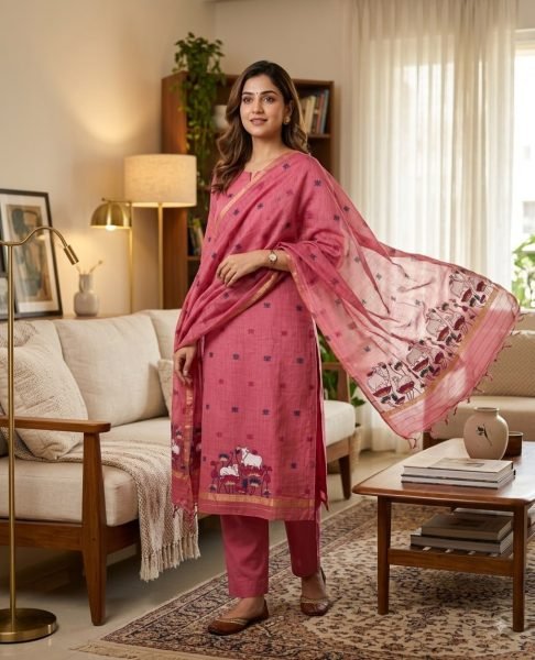 Lightweight Pink Muga Cotton Jamdani Suit Material with Pichwai Weaving Top at Manufacturer Rate Color Set Matching Dress Material Wholesale