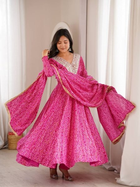 Lightweight Pink Premium Party Wear Rayon Gown Set with Heavy Mirror Work Design Ready To Wear Suit