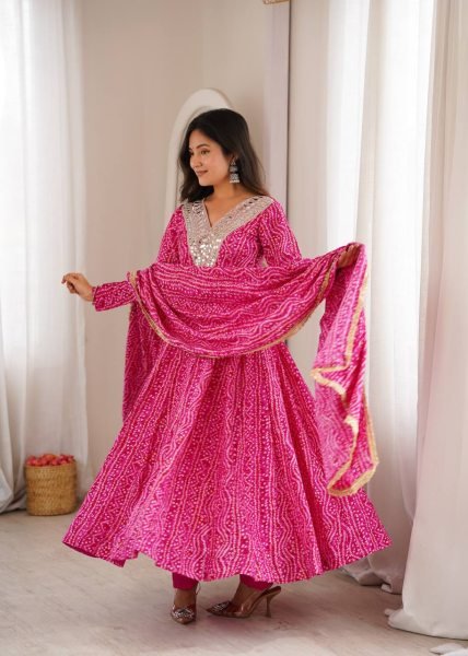 Lightweight Pink Premium Party Wear Rayon Gown Set with Heavy Mirror Work Design Ready To Wear Collection