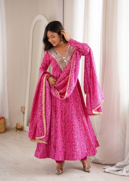 Lightweight Pink Premium Party Wear Rayon Gown Set with Heavy Mirror Work Design Ready To Wear Collection