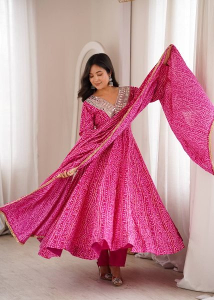 Lightweight Pink Premium Party Wear Rayon Gown Set with Heavy Mirror Work Design Ready To Wear Collection