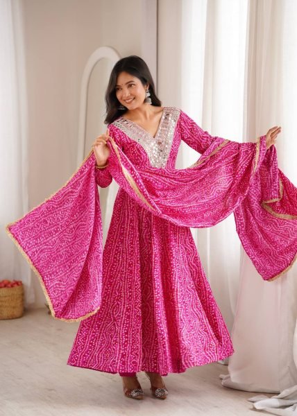 Lightweight Pink Premium Party Wear Rayon Gown Set with Heavy Mirror Work Design Ready To Wear Collection