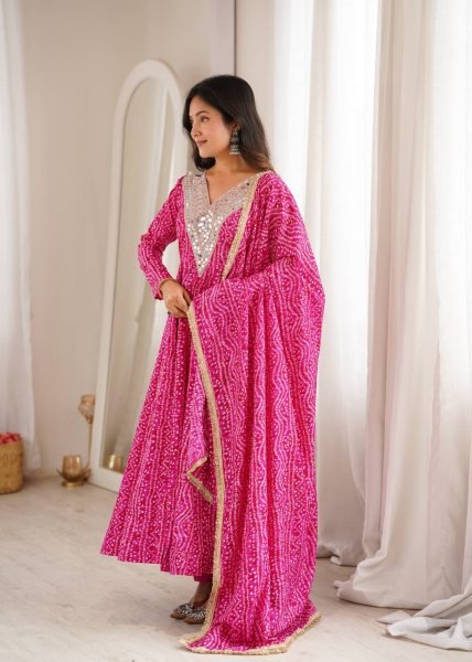 Lightweight Pink Premium Party Wear Rayon Gown Set with Heavy Mirror Work Design Ready To Wear Collection