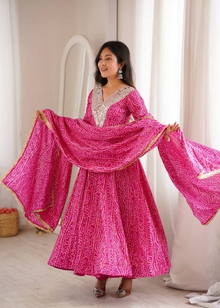 Lightweight Pink Premium Party Wear Rayon Gown Set with Heavy Mirror Work Design Ready To Wear Collection