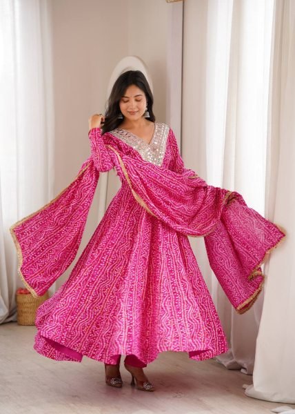 Lightweight Pink Premium Party Wear Rayon Gown Set with Heavy Mirror Work Design Ready To Wear Collection