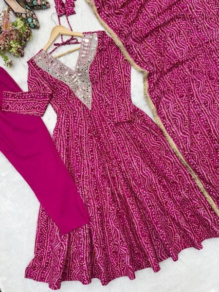 Lightweight Pink Premium Party Wear Rayon Gown Set with Heavy Mirror Work Design Ready To Wear Collection