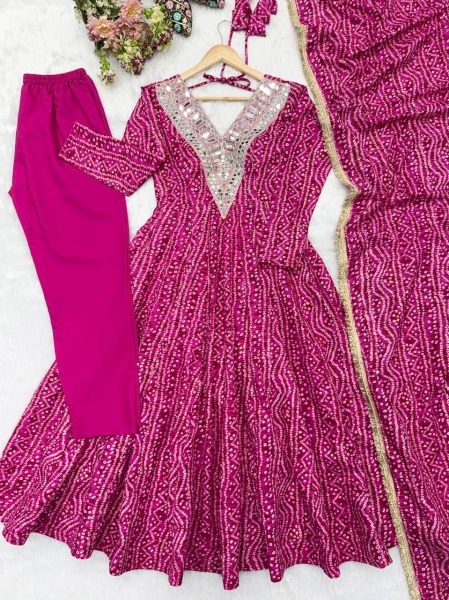 Lightweight Pink Premium Party Wear Rayon Gown Set with Heavy Mirror Work Design Ready To Wear Collection