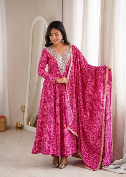 Lightweight Pink Premium Party Wear Rayon Gown Set with Heavy Mirror Work Design Ready To Wear Collection