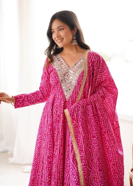 Lightweight Pink Premium Party Wear Rayon Gown Set with Heavy Mirror Work Design Ready To Wear Collection