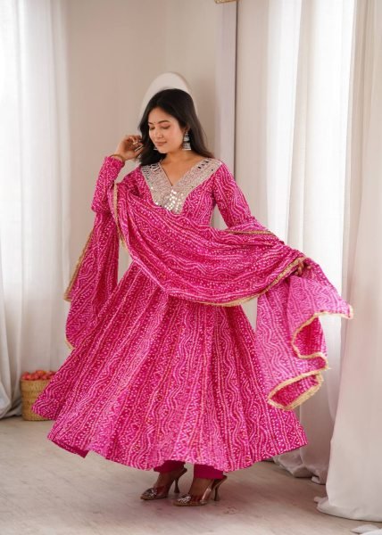 Lightweight Pink Premium Party Wear Rayon Gown Set with Heavy Mirror Work Design Ready To Wear Collection