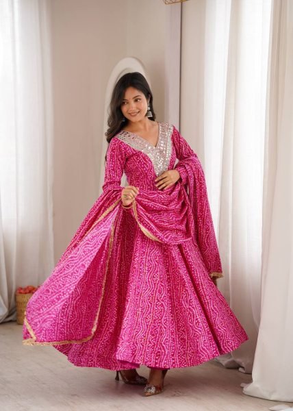Lightweight Pink Premium Party Wear Rayon Gown Set with Heavy Mirror Work Design Ready To Wear Collection