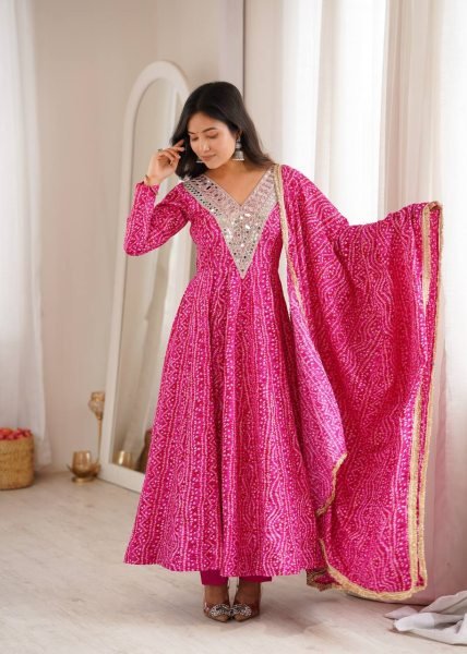 Lightweight Pink Premium Party Wear Rayon Gown Set with Heavy Mirror Work Design Ready To Wear Collection