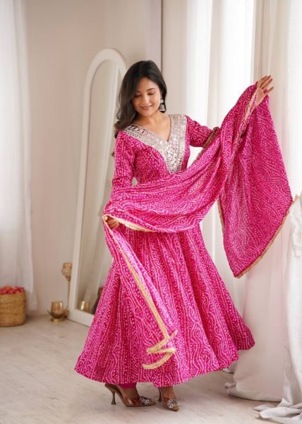 Lightweight Pink Premium Party Wear Rayon Gown Set with Heavy Mirror Work Design Ready To Wear Collection