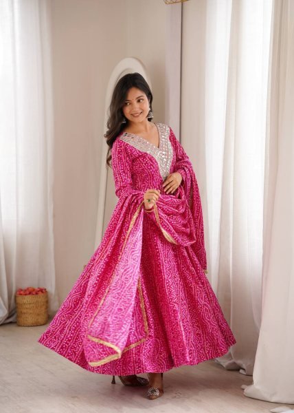 Lightweight Pink Premium Party Wear Rayon Gown Set with Heavy Mirror Work Design Ready To Wear Collection