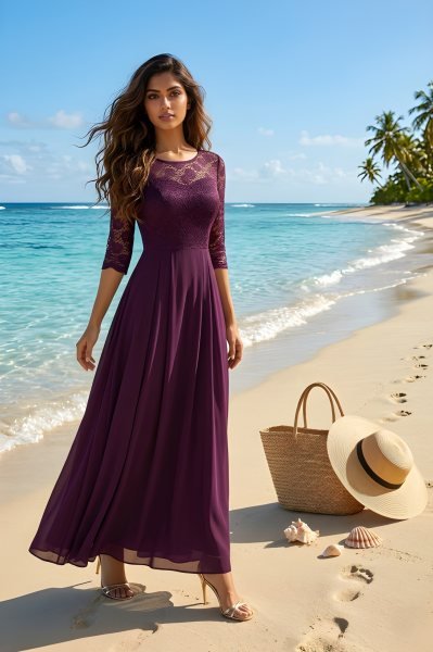 Lightweight Purple Net Long Dress for Summer and Casual Wear Western Ladies Top Wholesale