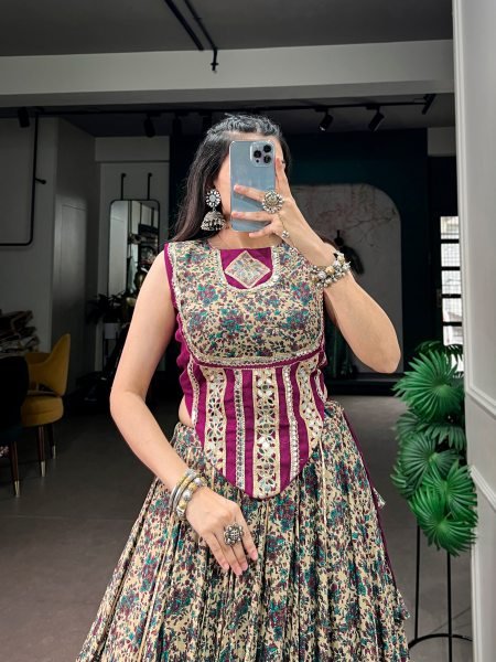 Lightweight Rani Pink Polyester Viscose Chanderi Lehenga Choli with Real Mirror Detailing Navratri Lehnega Choli