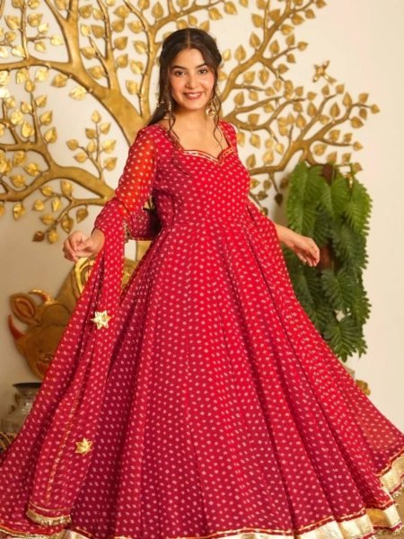 Lightweight Red Anarkali Set With Full Sleeves And Latkan For Reseller Opportunity 
