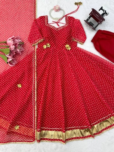 Lightweight Red Anarkali Set With Full Sleeves And Latkan For Reseller Opportunity Ready To Wear Collection