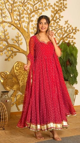 Lightweight Red Anarkali Set With Full Sleeves And Latkan For Reseller Opportunity Ready To Wear Collection