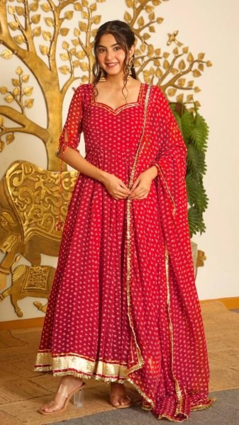 Lightweight Red Anarkali Set With Full Sleeves And Latkan For Reseller Opportunity Ready To Wear Collection