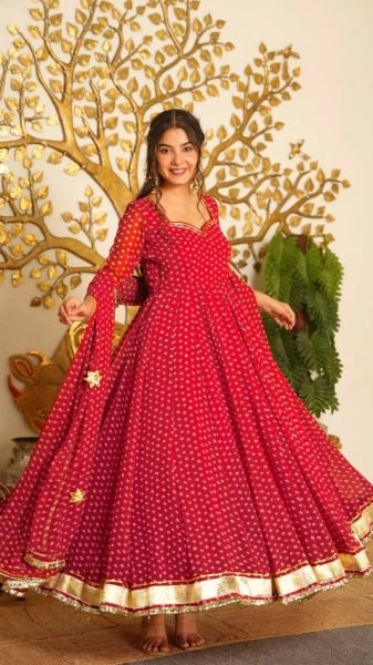 Lightweight Red Anarkali Set With Full Sleeves And Latkan For Reseller Opportunity Ready To Wear Collection