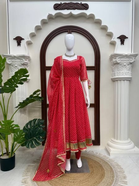Lightweight Red Anarkali Set With Full Sleeves And Latkan For Reseller Opportunity Ready To Wear Collection