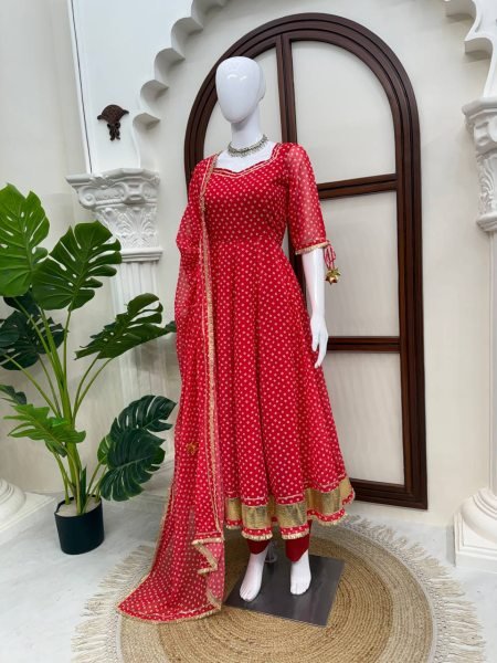 Lightweight Red Anarkali Set With Full Sleeves And Latkan For Reseller Opportunity Ready To Wear Collection