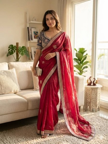 Lightweight Red Soft Frendy Satin Designer Saree with Sequins Zari Embroidery Work Wholesale Sarees Suppliers in Oman