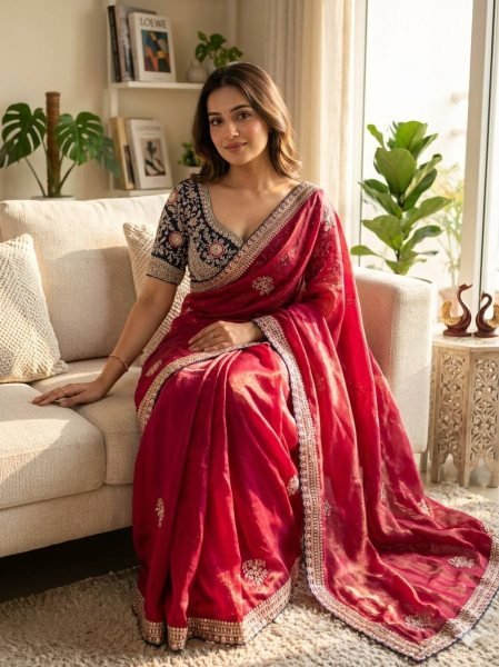 Lightweight Red Soft Frendy Satin Designer Saree with Sequins Zari Embroidery Work Designer Wedding Sarees Wholesale